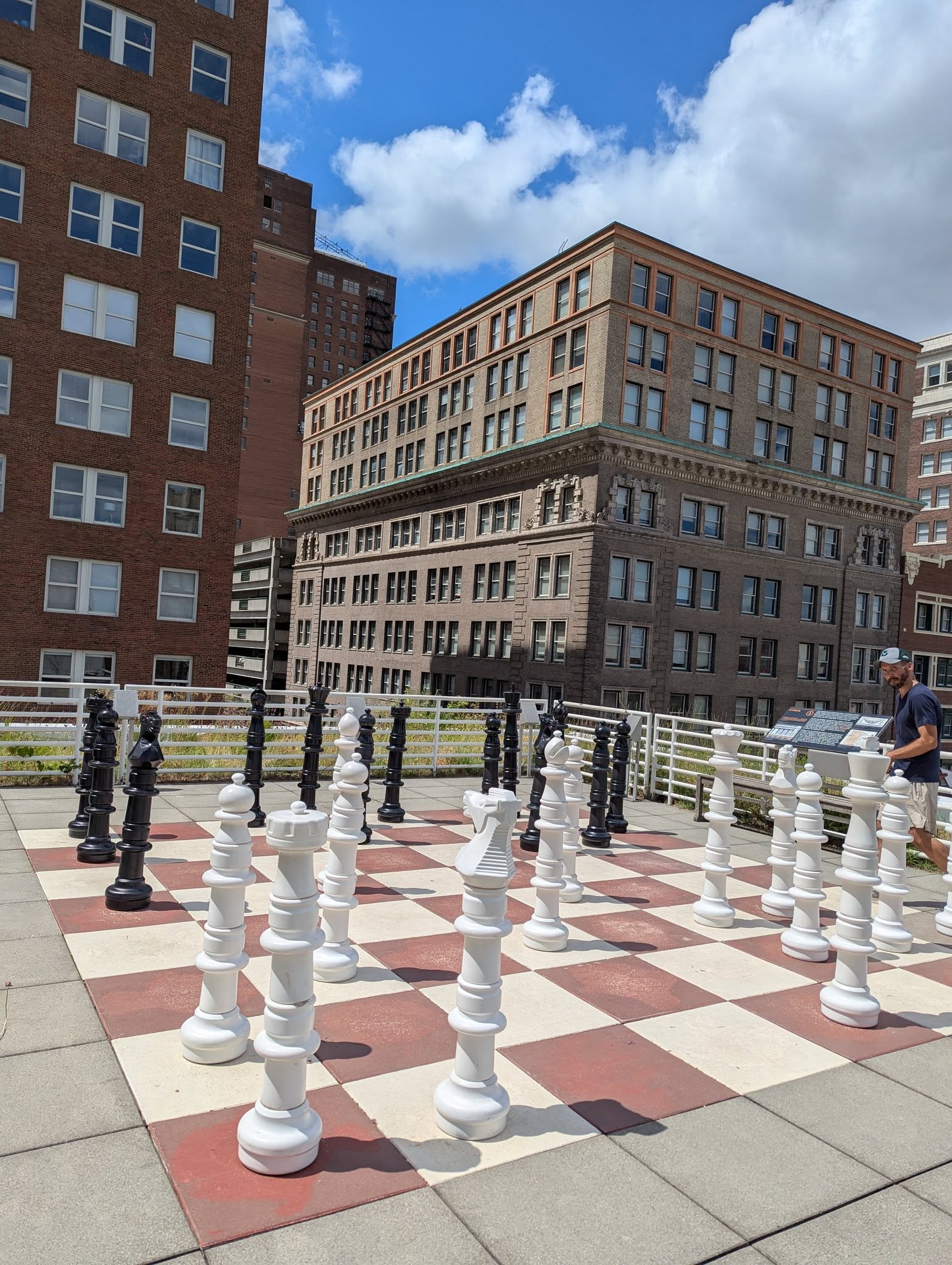 Giant chess pieces outside the Kansas City Public Library